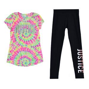 Justice Girls 2-Pc Set Vibrant Rainbow T-Shirt Glittering Logo Black Leggings